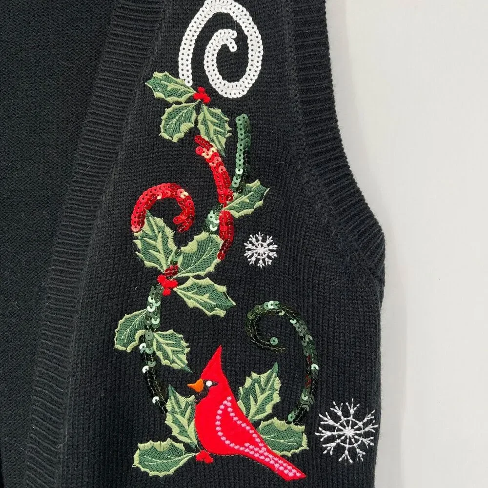 Unbranded Open Cardigan Vest Christmas Embroidered Black Cardinals Women's M